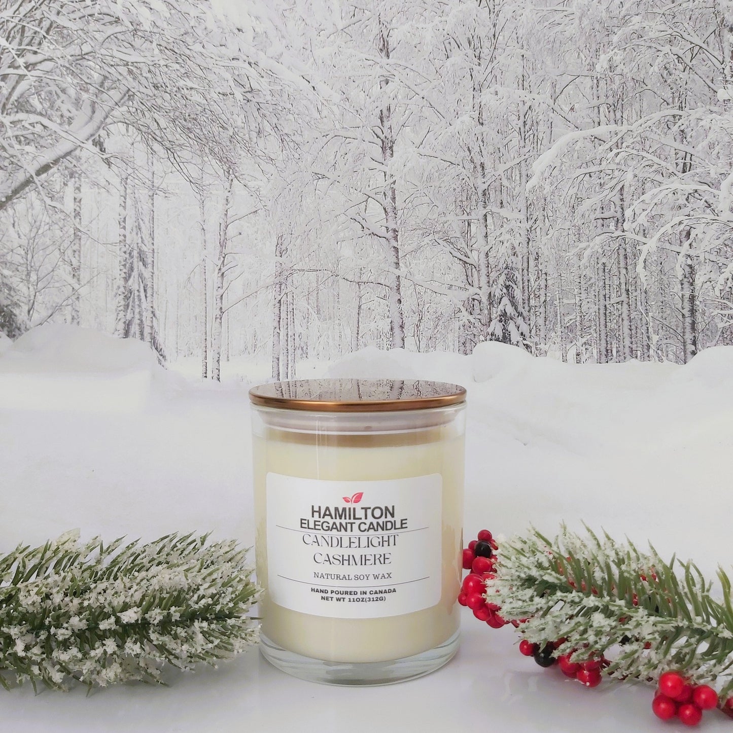 Candle with a snowy forest background
