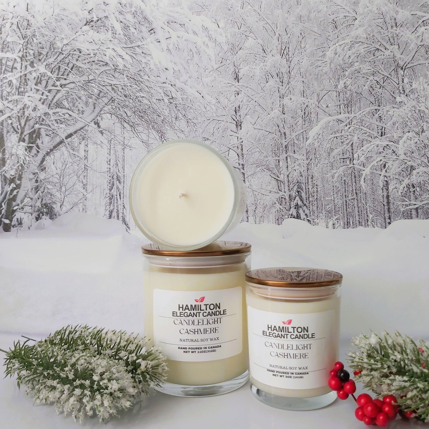 Candles with labels in a snowy landscape