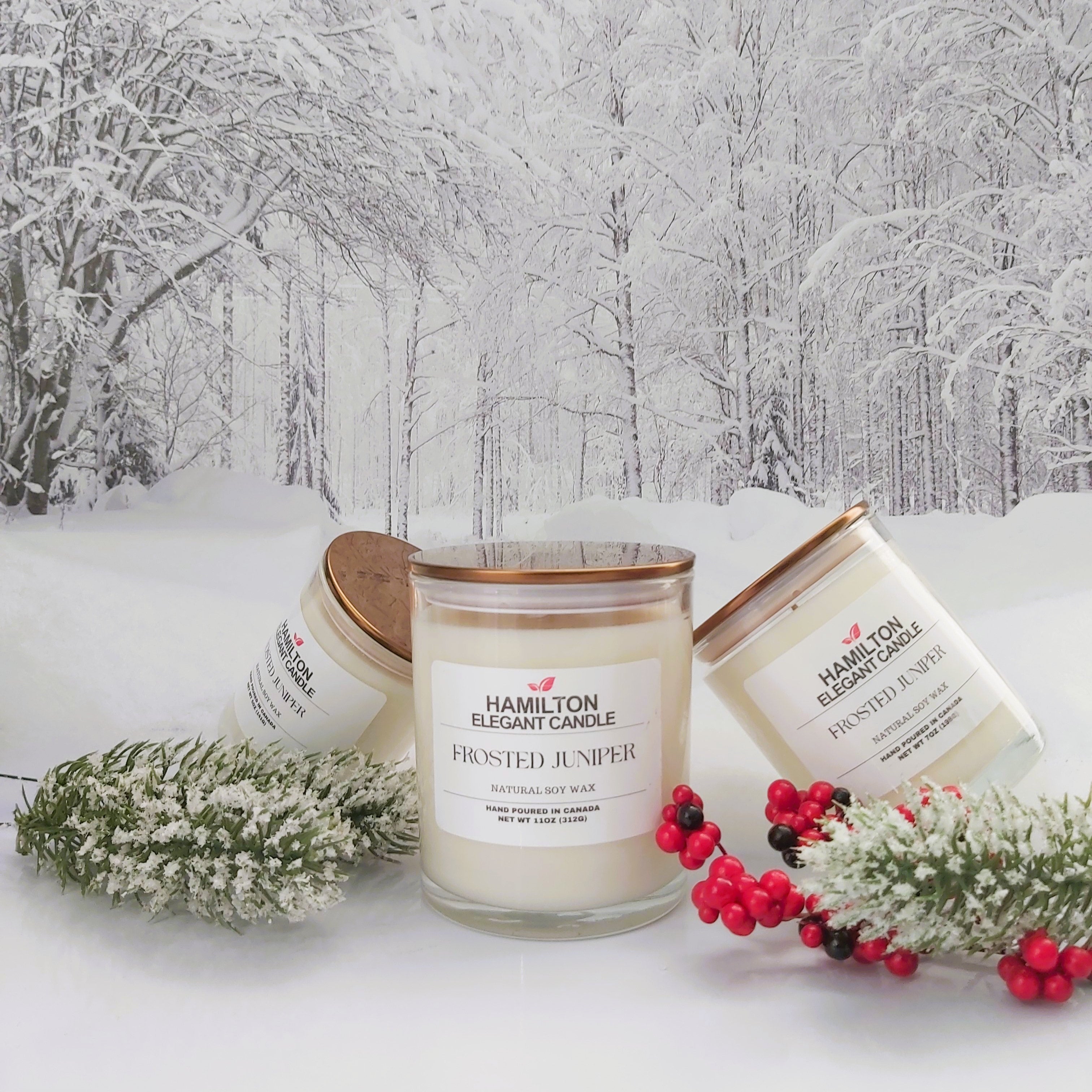 Candles with labels on a snowy background