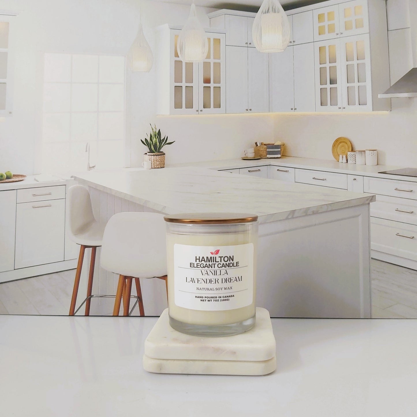 Candle on a coaster in a modern kitchen setting