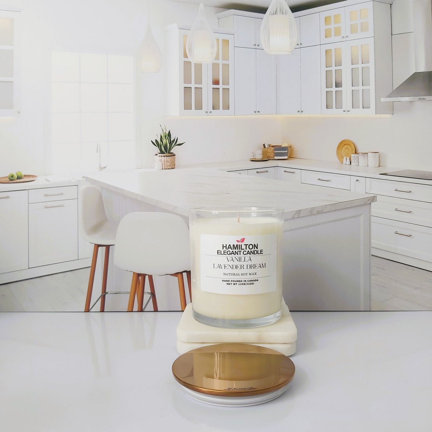 Candle on a stand in a modern kitchen setting