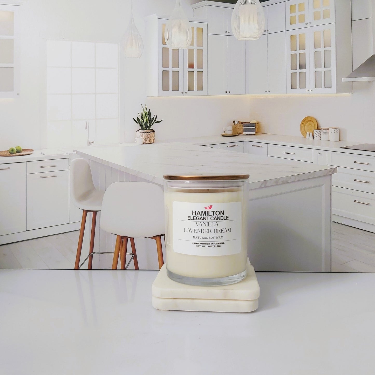 Candle on a marble surface with a kitchen in the background