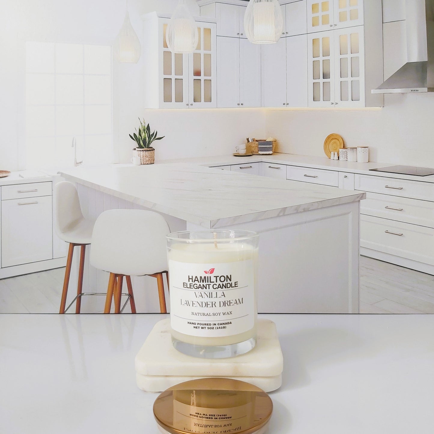 Candle on a marble stand in a modern kitchen setting