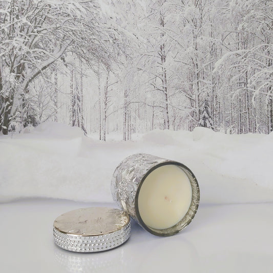 Silver-lidded candle in a snowy forest