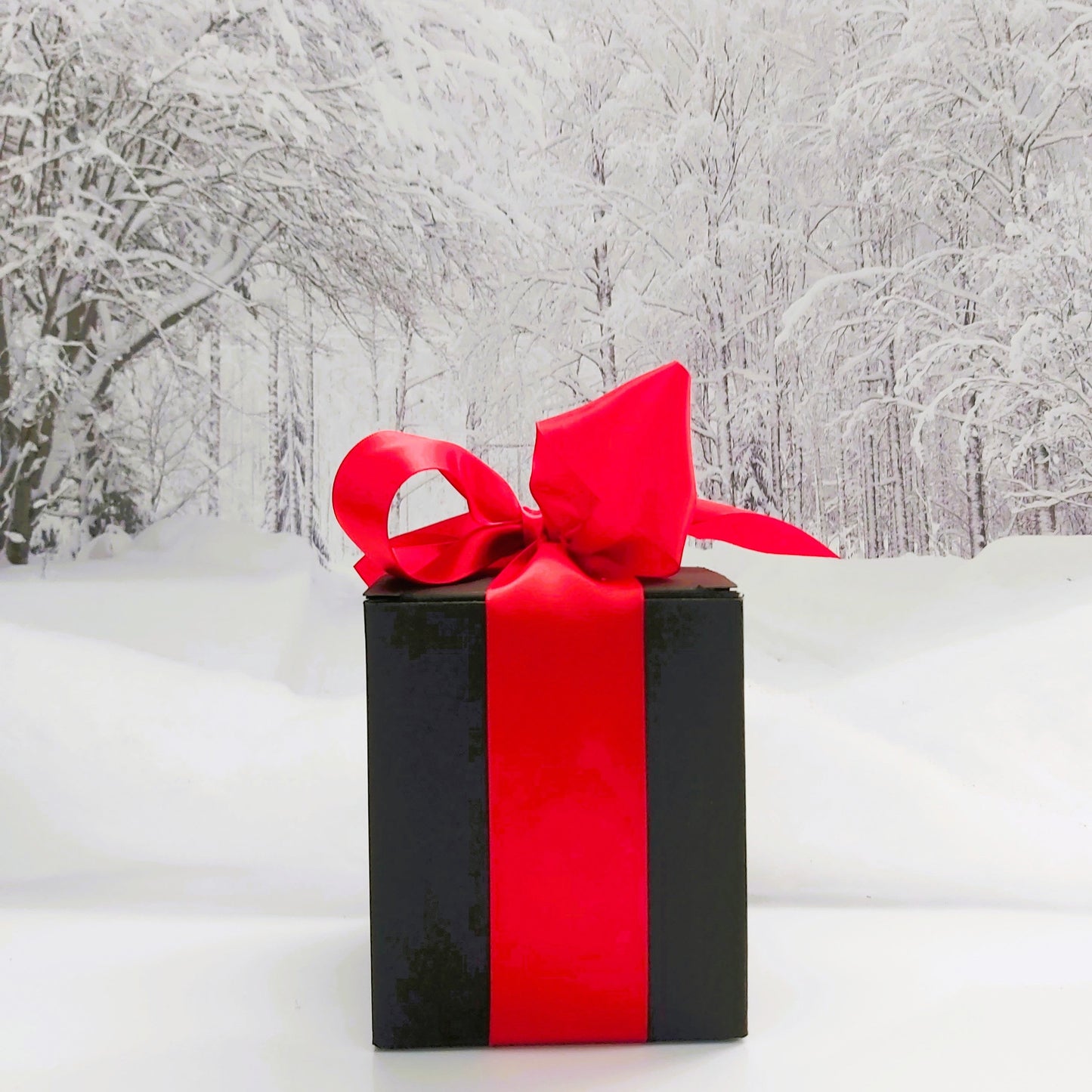 Black gift box with a red ribbon in a snowy forest
