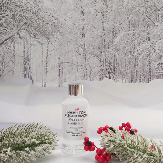 Bottle of Hamilton Elegant Candle with winter scenery in the background