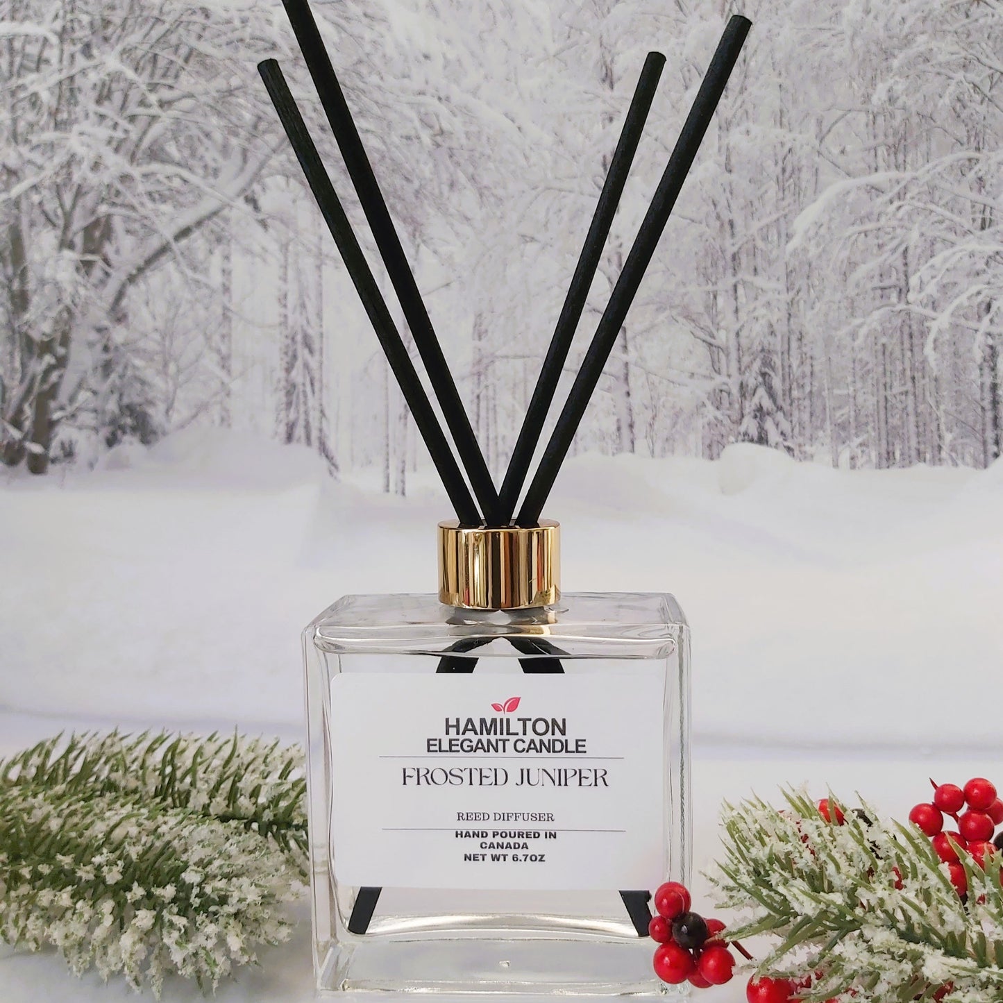 Diffuser with black sticks on a snowy background