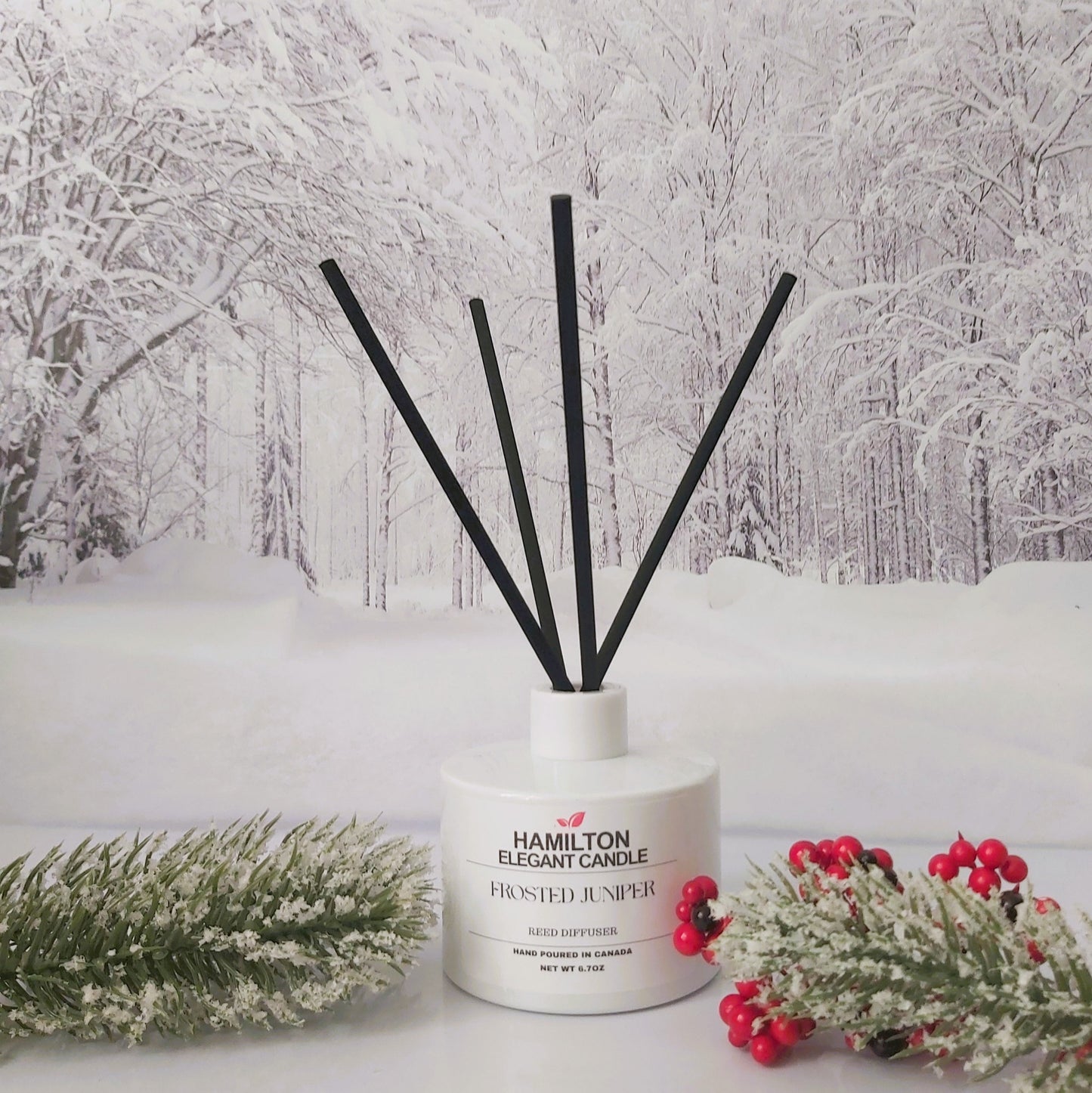 Diffuser with black sticks on a snowy landscape