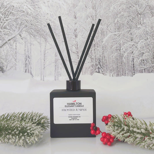 Black diffuser bottle with sticks against a snowy forest background
