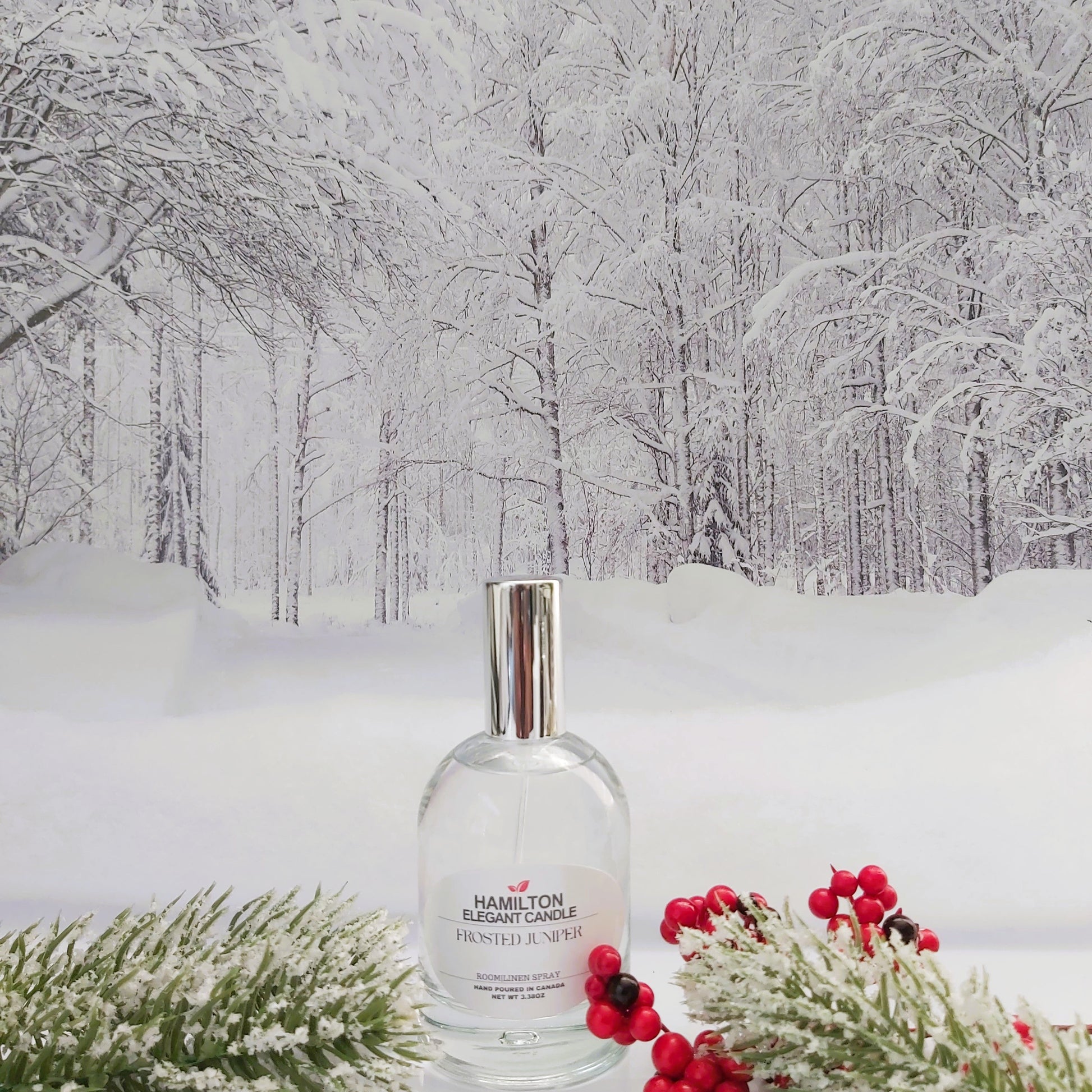 Clear bottle with silver cap on a snowy landscape with trees and red berries